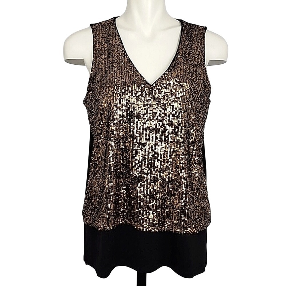 NWT Michael Kors Women's Sequin V-Neck Sleeveless Top Gold Large